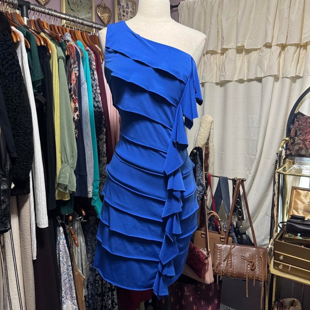 Blue One Shoulder Ruffle Mini Party Dress